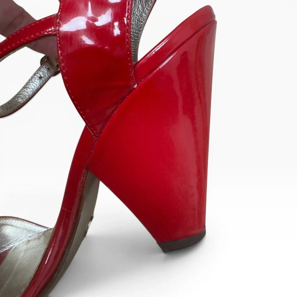 Dolce & Gabbana Sandals Womens 37.5 Red Patent Leather Peep Toe Cone Heel Italy